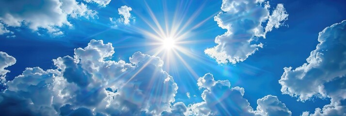 Wall Mural - Sun And Clouds. Bright Sunlight with Blue Sky and Clouds Background