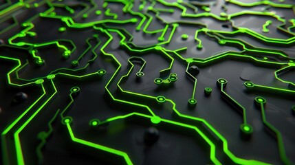 Aufkleber - A vibrant 3D abstract background with neon green circuit pathways intricately woven into a matte black board, radiating a futuristic, tech-savvy vibe.