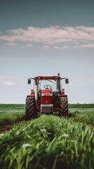 Poster - A red tractor is in a field of grass