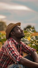 Poster - A man wearing a straw hat and a red and white plaid shirt is sitting in a field