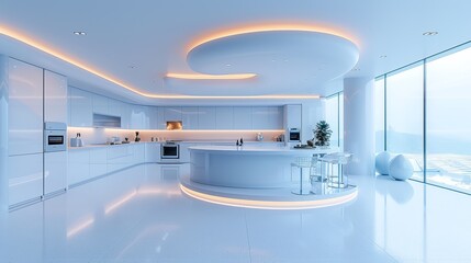 Wall Mural - Modern kitchen interior with sleek design and ambient lighting in a high-rise apartment overlooking the city skyline