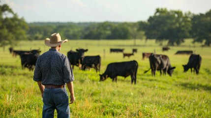 Poster - A man in a cowboy hat stands in a field with cows