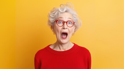 Elderly woman with white hair, wearing red glasses and a matching sweater, expressing surprise or amazement against a bright yellow background.