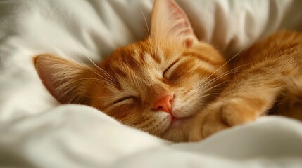 Wall Mural - Close-Up Of A Cute Red Kitten Sleeping Under A Fluffy White Blanket