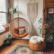 © Bouchra - A room with a hanging hammock chair, a white rug, and a white wall. The room has a cozy and comfortable atmosphere