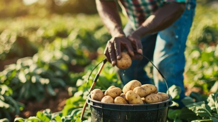 Poster - A man is picking potatoes in a field
