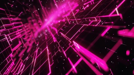Poster - A vivid 3D abstract background with neon pink glitch effects, where pixelated sections and distorted lines 