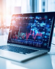 Poster - A laptop displaying a financial chart and data analysis at an office desk, representing technology in business and finance.