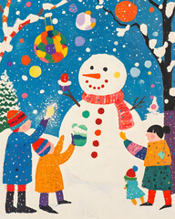 Wall Mural - Winter holidays. Children making Christmas snowman colorful painting design for greeting card.