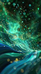 Fototapete - 3D abstract scene featuring sparkling particle effects in vibrant turquoise and emerald green