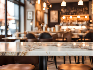 Wall Mural - Empty marble stone table in front of abstract blurred warm light background of restaurant, cafe and coffee shop interior. can be used for display or montage your products 