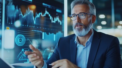 Aufkleber - Business professional discussing data insights on digital screen in a modern office. Technology, finance, and innovation concept.