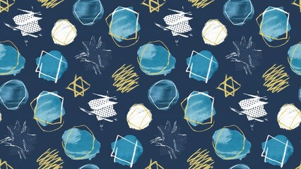 Wall Mural - Abstract grunge geometric shapes in blue tones creating a seamless pattern background Watercolor brush strokes texture in vibrant colors Ideal for textile wallpaper and wrapping des