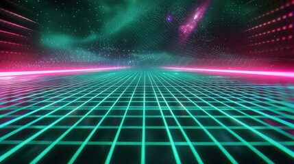 3D abstract scene where retro-futurism meets modern design, with grid lines and neon colors in cosmic teal and starlight violet