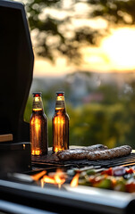 Canvas Print - outdoor gas grill withtwo beers in the foreground.