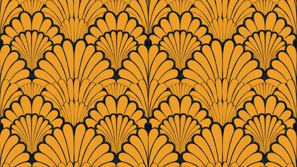 Art Deco yellow striped scallop motifs creating a bright yellow floral seamless pattern suitable for wallpaper fabric textiles and home decor