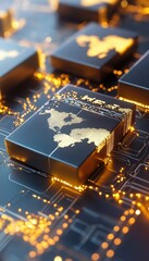 Poster - Close-up of an H2B integrated circuit on a motherboard with glowing elements, symbolizing global connectivity and advanced technology.