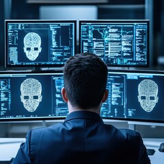 Leinwandbilder - Cybersecurity professional monitoring data on multiple screens to prevent cyber threats and ensure information security.