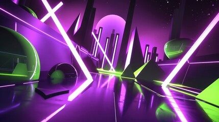 Poster -  3D abstract scene where retro-futurism meets contemporary design, with neon colors and geometric shapes in midnight purple and neon green