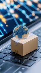 Poster - Global e-commerce and digital delivery concept with a small package and a globe on a laptop keyboard showing network connections.