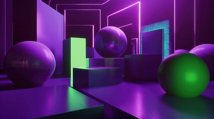 Poster -  3D abstract scene where retro-futurism meets contemporary design, with neon colors and geometric shapes in midnight purple and neon green