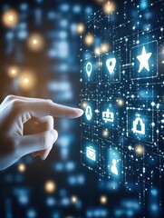Aufkleber - Hand touching digital interface icons representing technology, communication, and security concepts in a futuristic glowing network.