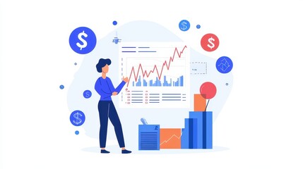 Poster - Illustration of a person analyzing financial data and charts, highlighting growth and trends in business performance.