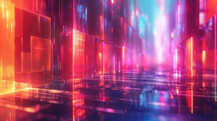 Poster - A vibrant and dynamic digital landscape with glowing cubes and colorful lights, ideal for technology and abstract themes.