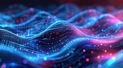 Poster - Vibrant digital waves showcasing a blend of blue and pink lights, creating a mesmerizing visual effect for technology themes.