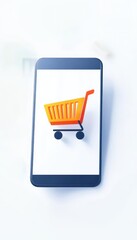 Poster - Smartphone displaying an orange shopping cart icon, symbolizing mobile online shopping and e-commerce on a white background.
