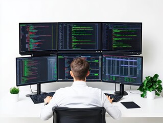 Fototapete - Software developer working on multiple monitors with code on screens, showcasing professional workspace and cutting-edge programming environment.