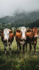 Poster - Three cows standing in a field with a cloudy sky in the background