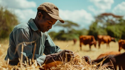 Poster - A man is sitting in a field with cows and feeding them