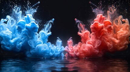 Poster - Vivid blue and red ink swirling together in water creating a stunning artistic display