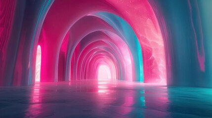 Poster - 3D abstract scene illuminated by holographic colors in hues of ethereal pink and celestial blue