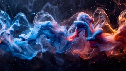 Poster - Swirling blue and red smoke blends beautifully in a dark setting at night