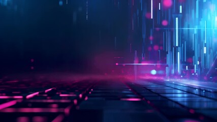 Wall Mural - video of futuristic digital landscape with glowing pink and blue lights, featuring abstract lines an
