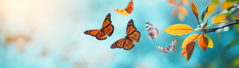 A vivid, sunny sky blue scene featuring a radiant sun and colorful butterflies fluttering against a backdrop of clear, bright skies 8K , high-resolution, ultra HD,up32K HD