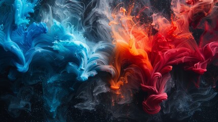 Poster - Colorful ink swirls blend together in vibrant blue and red hues against a dark background