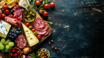 Wall Mural - Sliced gourmet meat, cheese, vegetables and fruits on wooden board