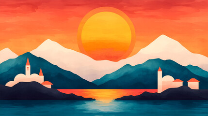 Wall Mural - Peaceful Sunset Landscape with Mountain Range and Coastal Village. Perfect for travel and nature themed designs.