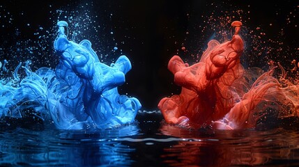 Poster - Colorful water splashes collide in a vibrant display of blue and red hues at night