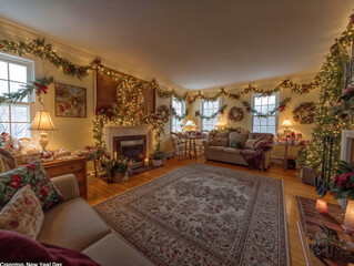 Wall Mural - A living room decorated for Christmas with a fireplace, wreaths, and a Christmas tree. The room is cozy and inviting, with a rug and several couches