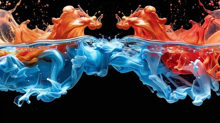 Poster - Colorful splashes of blue and orange liquids collide in artistic display underwater