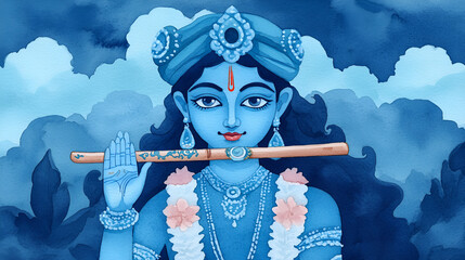 Watercolor painting of Krishna, the Hindu god, playing the flute.