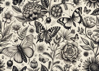 Wall Mural - Intricate black and white vintage illustration of seamless repeating flowers, beetles, and butterflies, creating a whimsical and nostalgic nature-inspired design element.