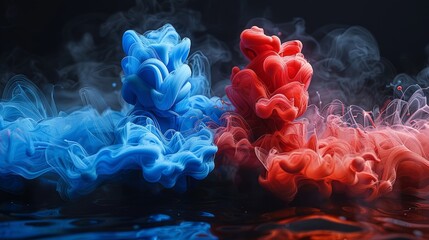 Poster - Swirling blue and red ink clouds creating vibrant patterns in water during a creative art experiment