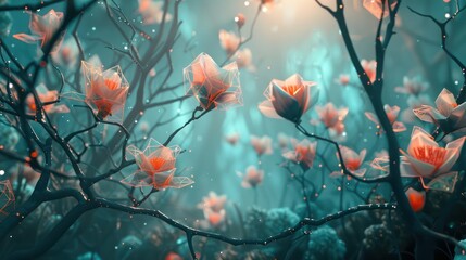 Aufkleber - 3D abstract scene where digital forests come to life with geometric branches and futuristic flowers, bathed in the soft glow of twilight teal and cosmic coral.