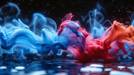 Poster - Swirling blue and red ink merges in water creating vibrant abstract patterns at night