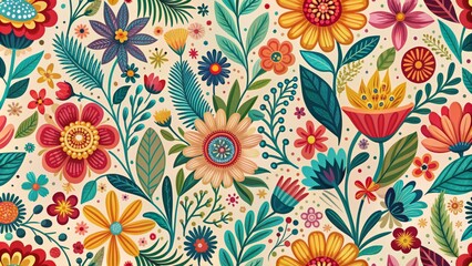 Wall Mural - Whimsical vintage floral illustration in seamless pattern featuring colorful organic blooms, foliage, and abstract shapes evoking spring season's vibrant beauty in a nostalgic design.